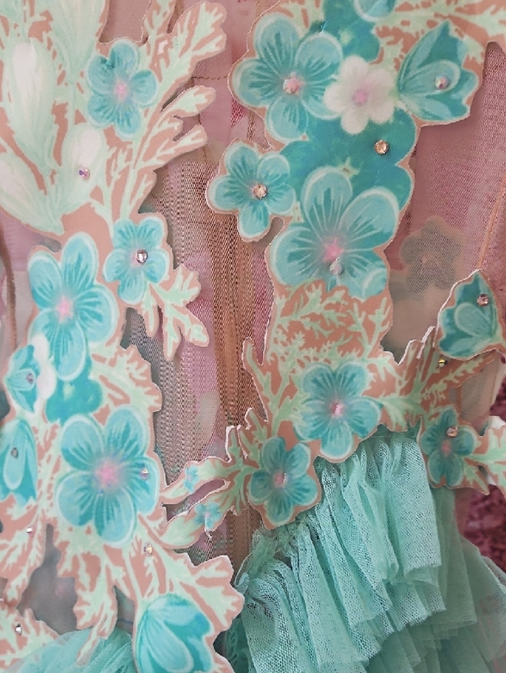 Aqua Floral Ruffle Dance Dress with 3D Appliqués - Picture 2 of 10